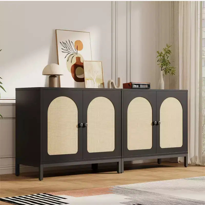 Credenza buffet in rattan, mobile da cucina con ante in rattan e ripiani regolabili, credenza da soggiorno o sala da pranzo in stile bohémien per liquori o caffè