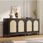 Credenza buffet in rattan, mobile da cucina con ante in rattan e ripiani regolabili, credenza da soggiorno o sala da pranzo in stile bohémien per liquori o caffè