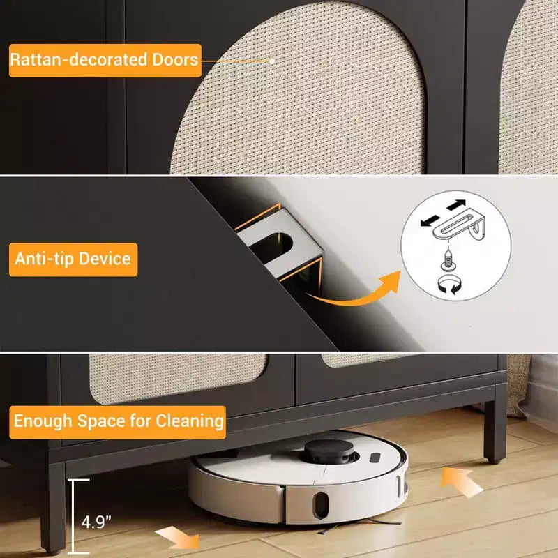Credenza buffet in rattan, mobile da cucina con ante in rattan e ripiani regolabili, credenza da soggiorno o sala da pranzo in stile bohémien per liquori o caffè