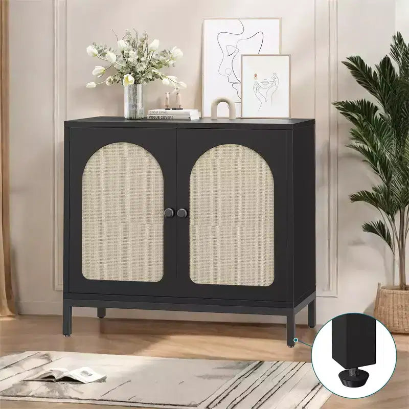 Credenza buffet in rattan, mobile da cucina con ante in rattan e ripiani regolabili, credenza da soggiorno o sala da pranzo in stile bohémien per liquori o caffè