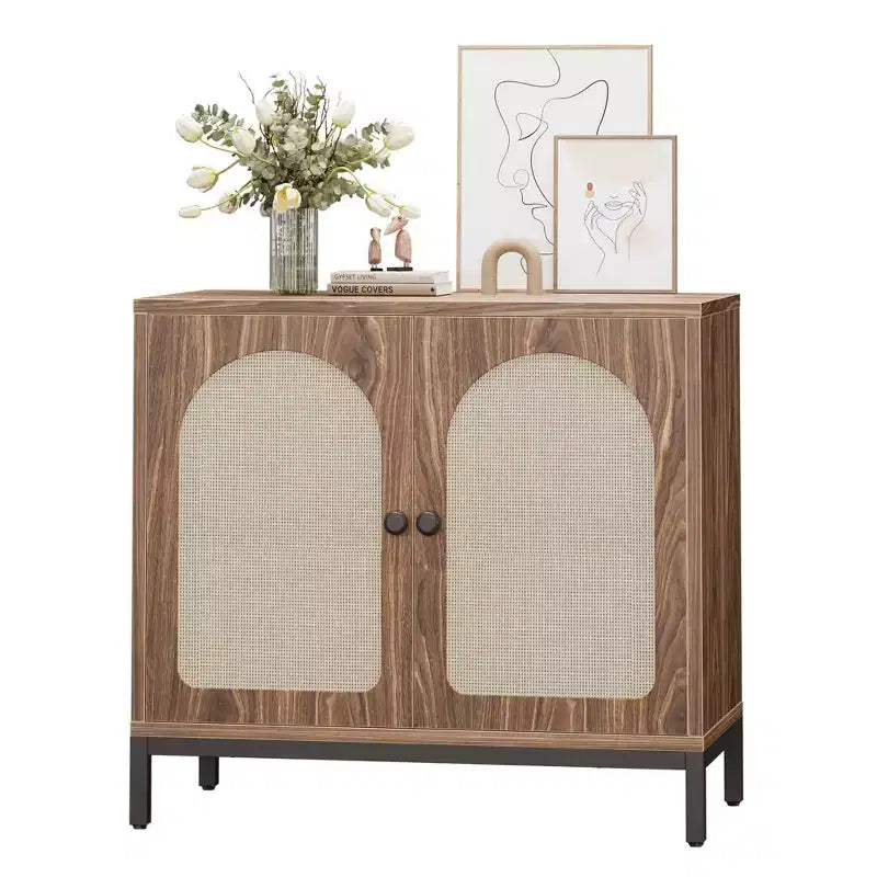 Credenza buffet in rattan, mobile da cucina con ante in rattan e ripiani regolabili, credenza da soggiorno o sala da pranzo in stile bohémien per liquori o caffè