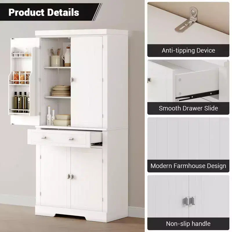 Mobile Dispensa da 72" in Stile Rustico con Ripiani Regolabili, 6 Scomparti portaoggetti nelle Ante, 2 Armadietti e 1 Cassetto, Armadio Alto da Cucina per Sala da Pranzo
