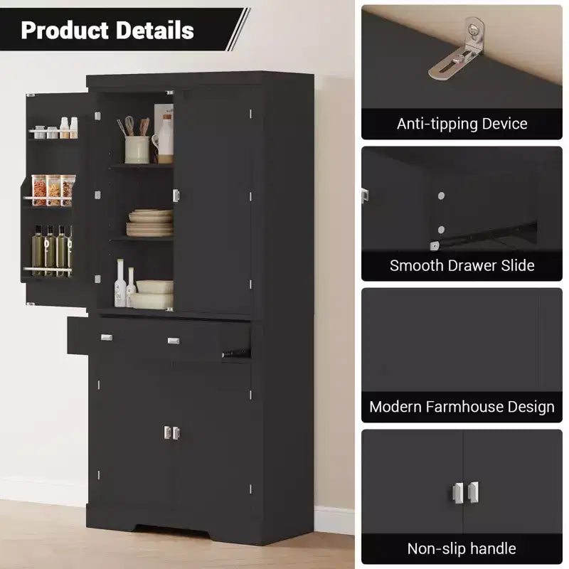 Mobile Dispensa da 72" in Stile Rustico con Ripiani Regolabili, 6 Scomparti portaoggetti nelle Ante, 2 Armadietti e 1 Cassetto, Armadio Alto da Cucina per Sala da Pranzo