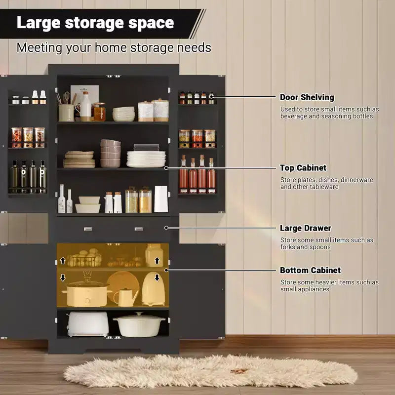 Mobile Dispensa da 72" in Stile Rustico con Ripiani Regolabili, 6 Scomparti portaoggetti nelle Ante, 2 Armadietti e 1 Cassetto, Armadio Alto da Cucina per Sala da Pranzo