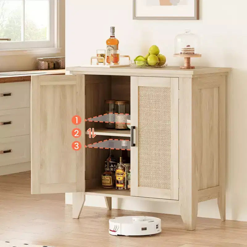 Mobiletto contenitore in rattan, piccolo mobiletto con 2 ante e ripiano regolabile per soggiorno, ingresso e cucina