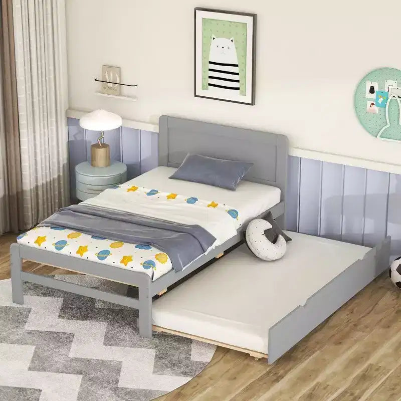 Acekool Modern Twin Platform Bed Frame with Trundle, Twin Over Full Bunk, Guardrail & Ladder, Wood Slats, No Box Spring, Gray