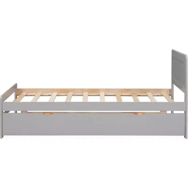 Acekool Letto a piattaforma moderno con letto estraibile, letto a castello singolo sopra piazza e mezza, ringhiera di protezione e scaletta, doghe in legno, nessun box spring, grigio
