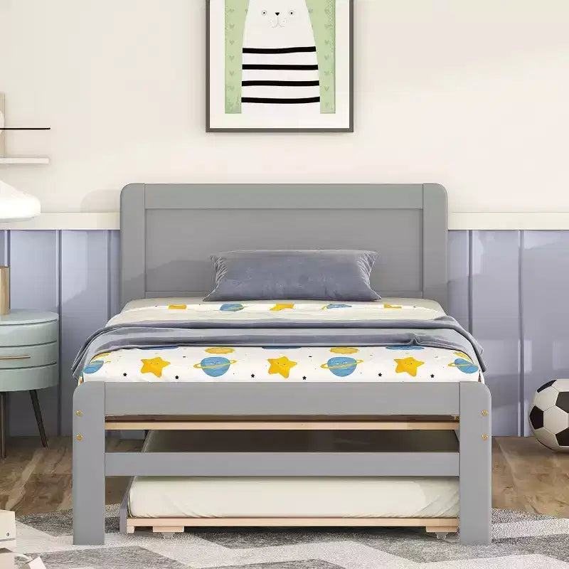 Acekool Letto a piattaforma moderno con letto estraibile, letto a castello singolo sopra piazza e mezza, ringhiera di protezione e scaletta, doghe in legno, nessun box spring, grigio