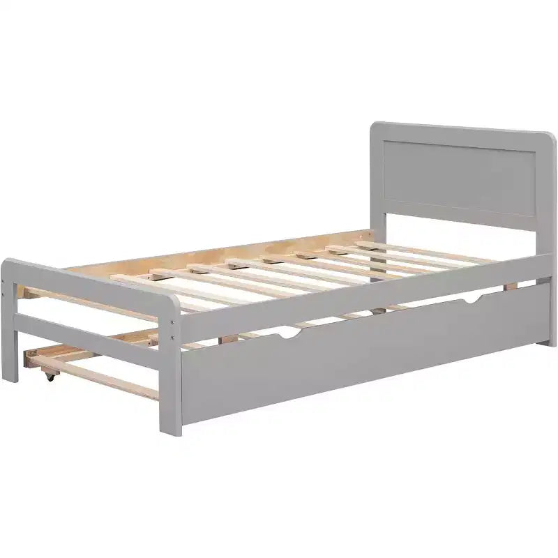 Acekool Letto a piattaforma moderno con letto estraibile, letto a castello singolo sopra piazza e mezza, ringhiera di protezione e scaletta, doghe in legno, nessun box spring, grigio