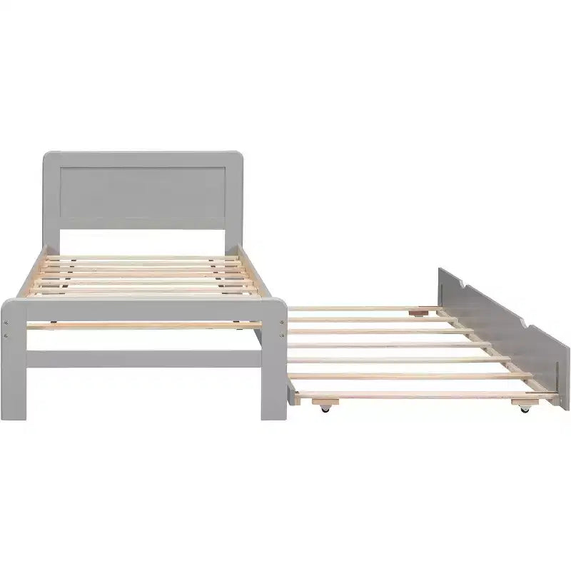 Acekool Letto a piattaforma moderno con letto estraibile, letto a castello singolo sopra piazza e mezza, ringhiera di protezione e scaletta, doghe in legno, nessun box spring, grigio