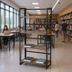 Libreria pieghevole a 4 ripiani FurnitureR, scaffale in metallo con ripiani in legno rustico, organizer pieghevole per casa, soggiorno, ufficio, marrone