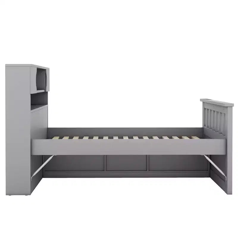 Struttura letto a piattaforma Twin Size Captain con testiera libreria contenitore e 4 cassetti, struttura letto in legno Twin con contenitore per camera da letto
