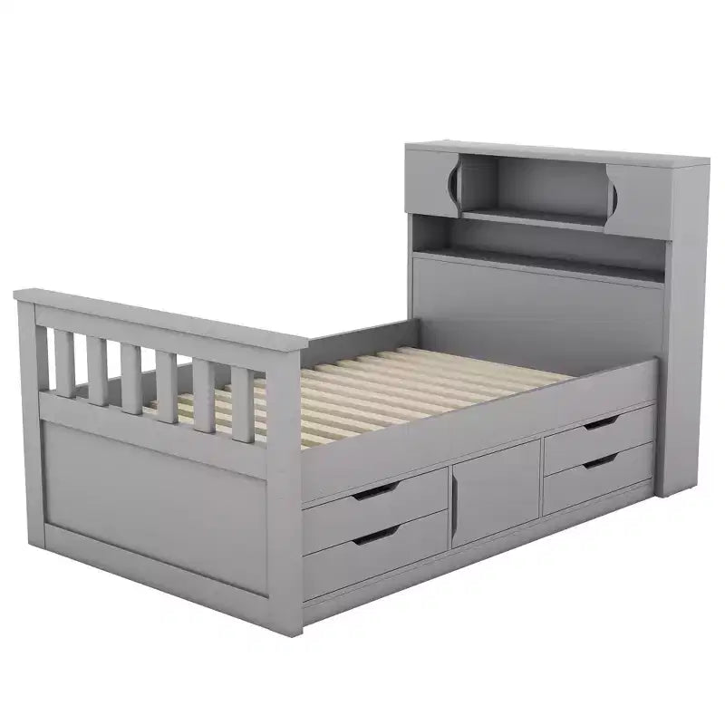Struttura letto a piattaforma Twin Size Captain con testiera libreria contenitore e 4 cassetti, struttura letto in legno Twin con contenitore per camera da letto