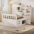 Struttura letto a piattaforma Twin Size Captain con testiera libreria contenitore e 4 cassetti, struttura letto in legno Twin con contenitore per camera da letto