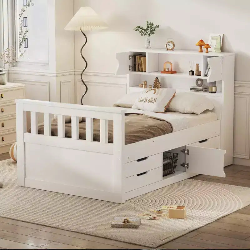 Struttura letto a piattaforma Twin Size Captain con testiera libreria contenitore e 4 cassetti, struttura letto in legno Twin con contenitore per camera da letto