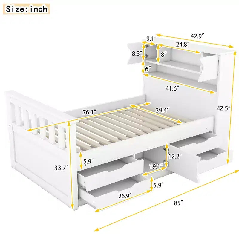 Struttura letto a piattaforma Twin Size Captain con testiera libreria contenitore e 4 cassetti, struttura letto in legno Twin con contenitore per camera da letto