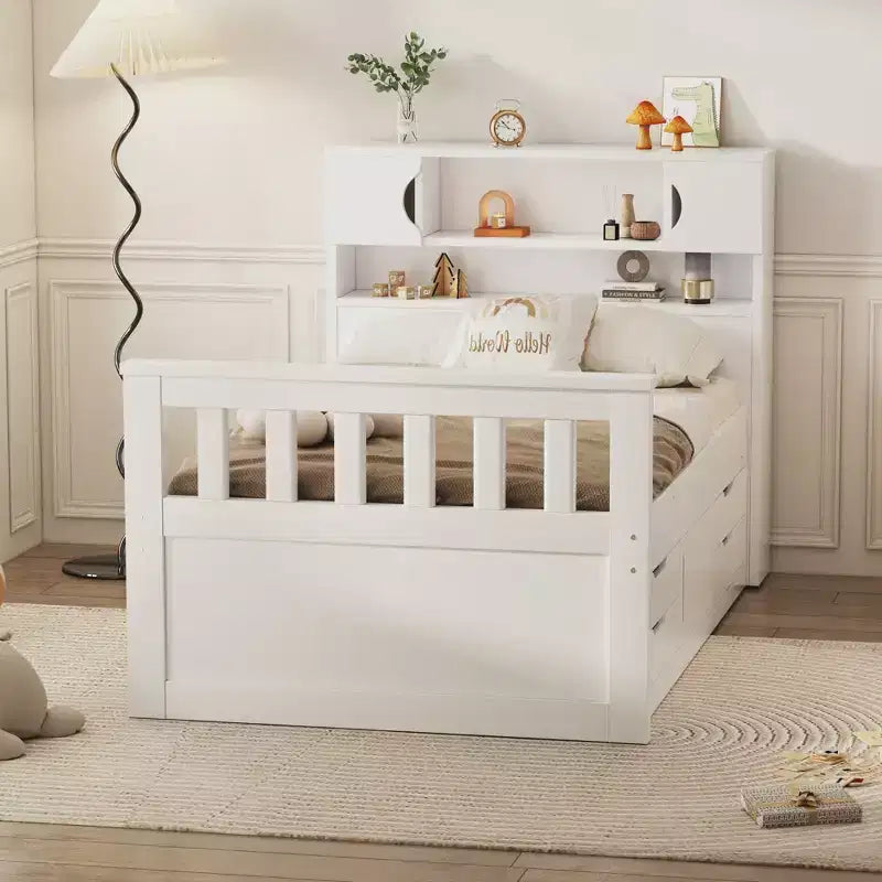Struttura letto a piattaforma Twin Size Captain con testiera libreria contenitore e 4 cassetti, struttura letto in legno Twin con contenitore per camera da letto
