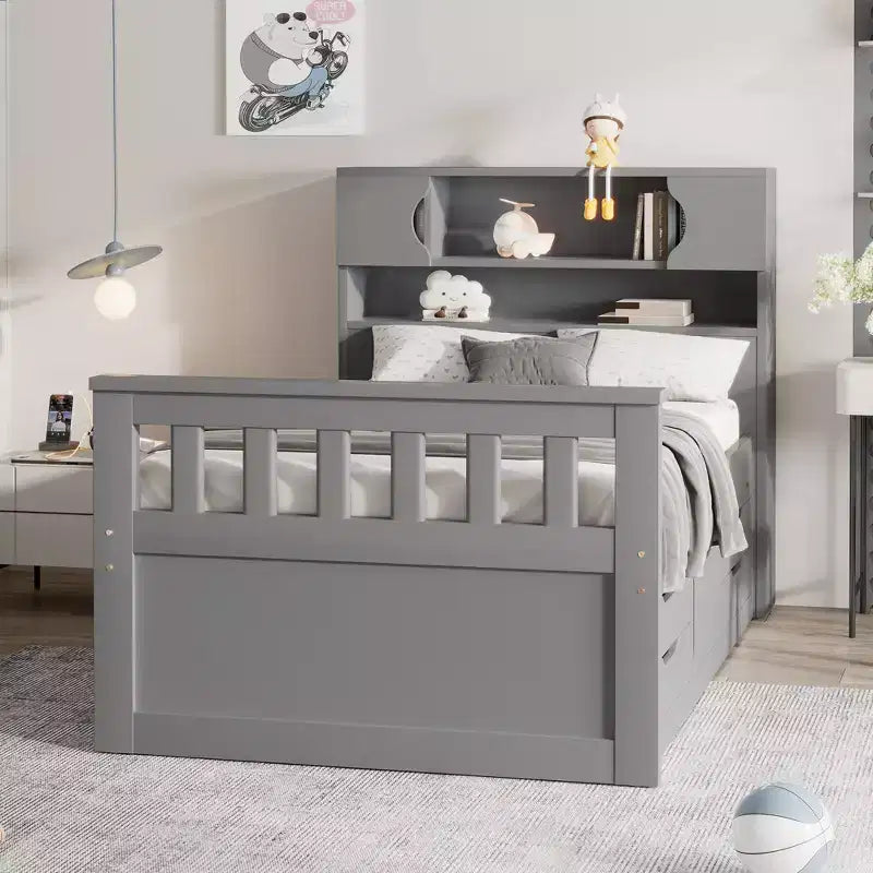 Struttura letto a piattaforma Twin Size Captain con testiera libreria contenitore e 4 cassetti, struttura letto in legno Twin con contenitore per camera da letto