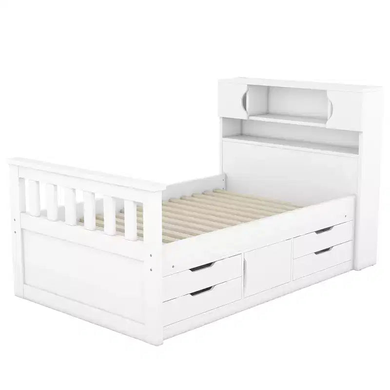 Struttura letto a piattaforma Twin Size Captain con testiera libreria contenitore e 4 cassetti, struttura letto in legno Twin con contenitore per camera da letto