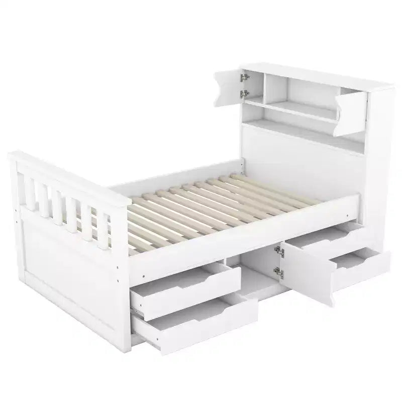 Struttura letto a piattaforma Twin Size Captain con testiera libreria contenitore e 4 cassetti, struttura letto in legno Twin con contenitore per camera da letto