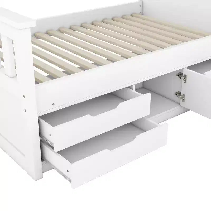 Struttura letto a piattaforma Twin Size Captain con testiera libreria contenitore e 4 cassetti, struttura letto in legno Twin con contenitore per camera da letto
