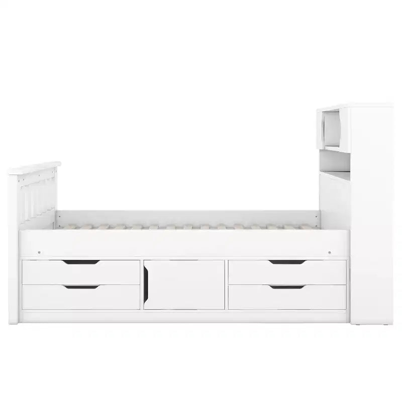 Struttura letto a piattaforma Twin Size Captain con testiera libreria contenitore e 4 cassetti, struttura letto in legno Twin con contenitore per camera da letto