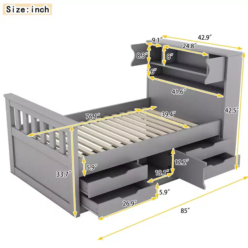 Struttura letto a piattaforma Twin Size Captain con testiera libreria contenitore e 4 cassetti, struttura letto in legno Twin con contenitore per camera da letto