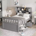 Struttura letto a piattaforma Twin Size Captain con testiera libreria contenitore e 4 cassetti, struttura letto in legno Twin con contenitore per camera da letto