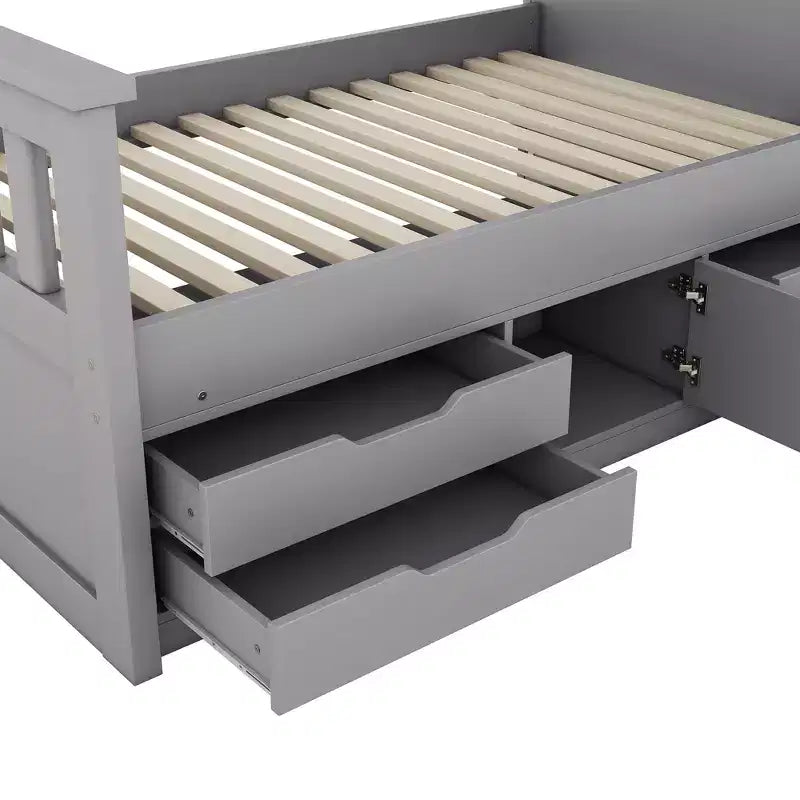 Struttura letto a piattaforma Twin Size Captain con testiera libreria contenitore e 4 cassetti, struttura letto in legno Twin con contenitore per camera da letto
