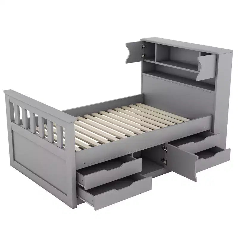 Struttura letto a piattaforma Twin Size Captain con testiera libreria contenitore e 4 cassetti, struttura letto in legno Twin con contenitore per camera da letto