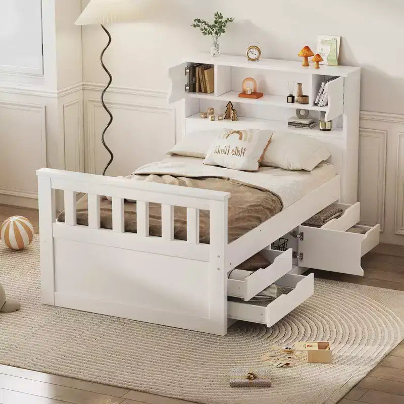 Struttura letto a piattaforma Twin Size Captain con testiera libreria contenitore e 4 cassetti, struttura letto in legno Twin con contenitore per camera da letto