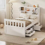 Struttura letto a piattaforma Twin Size Captain con testiera libreria contenitore e 4 cassetti, struttura letto in legno Twin con contenitore per camera da letto