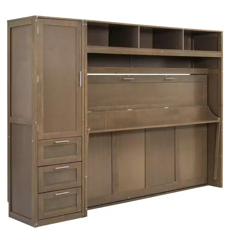 Letto a scomparsa matrimoniale con armadio e ripiani, letto a piattaforma pieghevole a parete per camera da letto e camera degli ospiti, legno