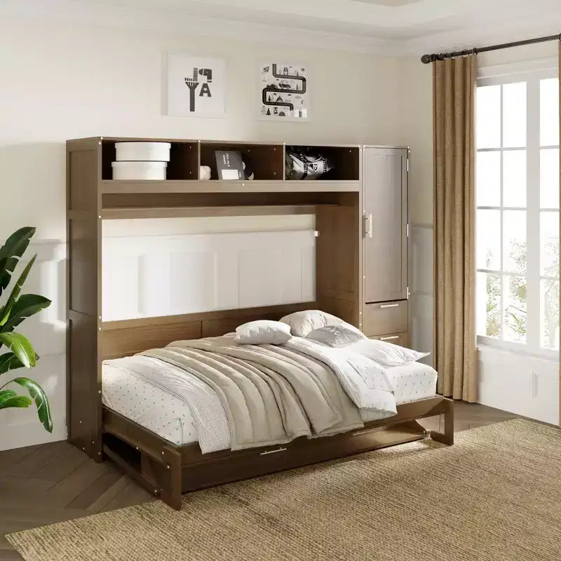 Letto a scomparsa matrimoniale con armadio e ripiani, letto a piattaforma pieghevole a parete per camera da letto e camera degli ospiti, legno