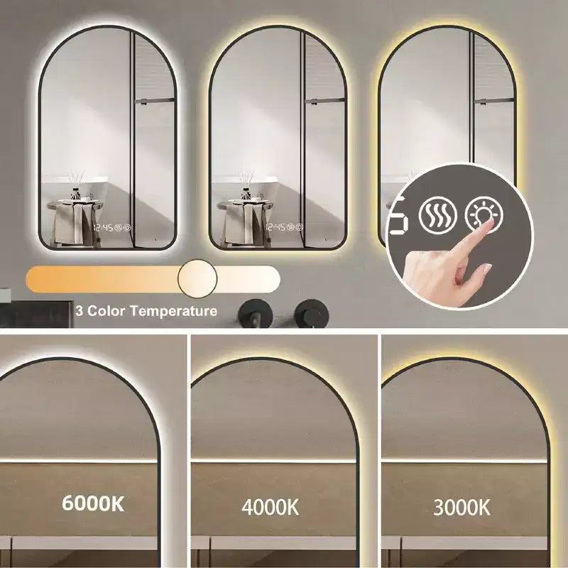 Specchio da Bagno Okak Arched Vanity con Display Ora e Temperatura, Specchio Antiappannamento per Bagno con Tre Temperature di Colore