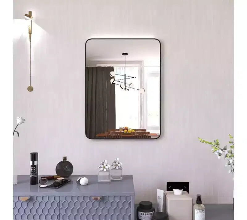 Okak 24X32IN Specchio da Bagno con Cornice in Alluminio, Specchio da Trucco Rettangolare con Angoli Arrotondati, Specchio da Parete per Bagno, Soggiorno, Nero