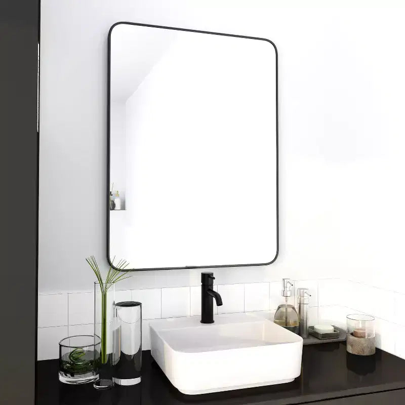 Okak 24X32IN Specchio da Bagno con Cornice in Alluminio, Specchio da Trucco Rettangolare con Angoli Arrotondati, Specchio da Parete per Bagno, Soggiorno, Nero
