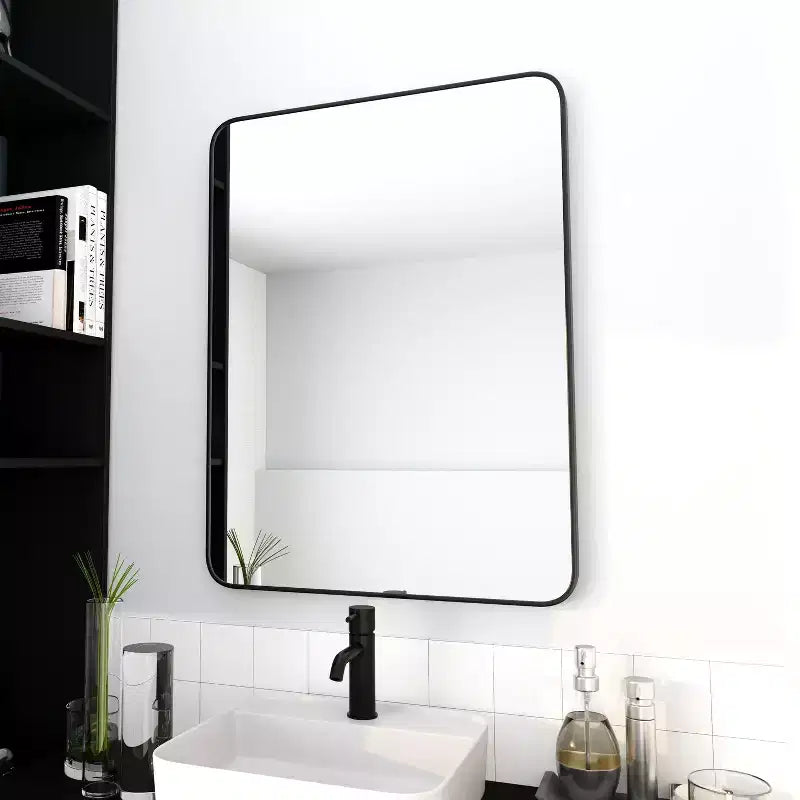 Okak 24X32IN Specchio da Bagno con Cornice in Alluminio, Specchio da Trucco Rettangolare con Angoli Arrotondati, Specchio da Parete per Bagno, Soggiorno, Nero