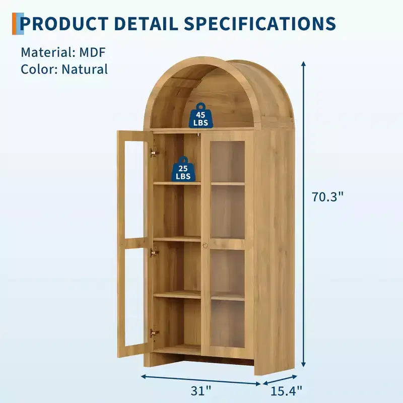 GustoWave Vetrinetta ad arco con ripiani regolabili, Mobiletto contenitore alto 70 cm in legno con ante in acrilico trasparente, texture rovere