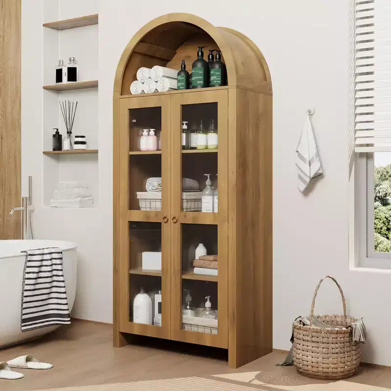 GustoWave Vetrinetta ad arco con ripiani regolabili, Mobiletto contenitore alto 70 cm in legno con ante in acrilico trasparente, texture rovere