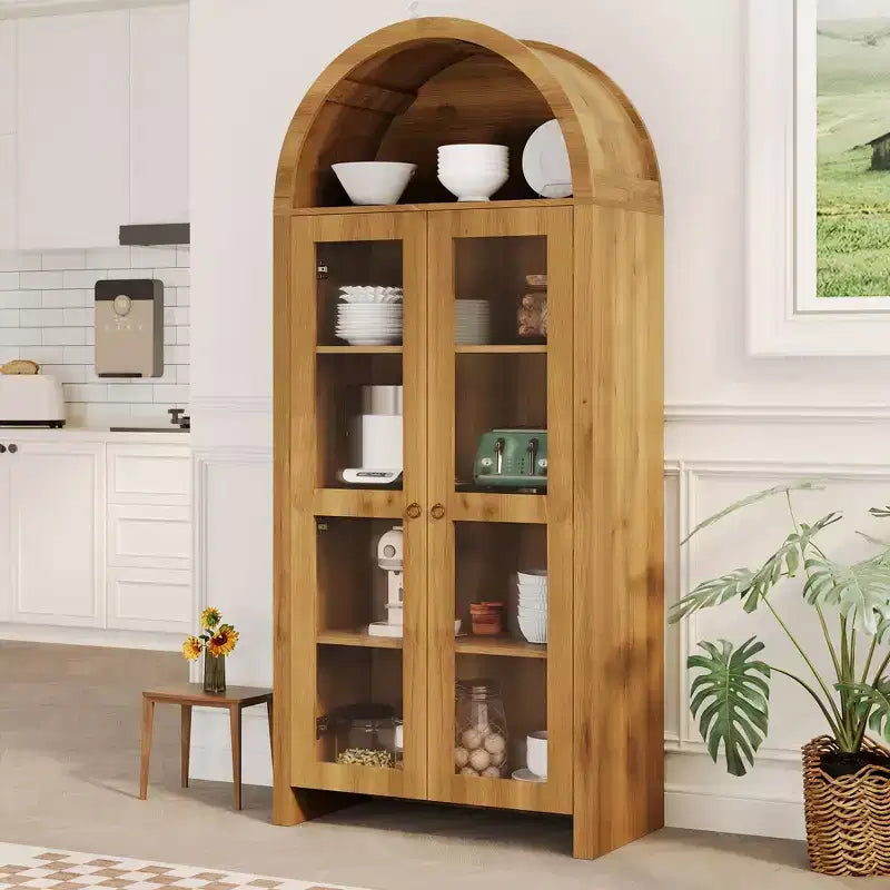 GustoWave Vetrinetta ad arco con ripiani regolabili, Mobiletto contenitore alto 70 cm in legno con ante in acrilico trasparente, texture rovere