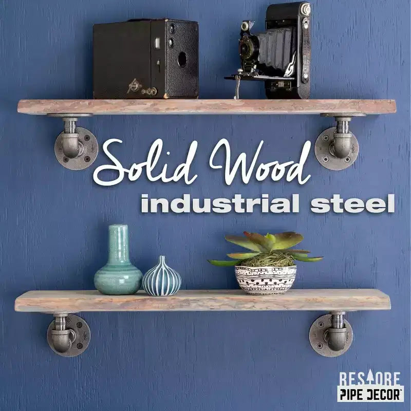 Pipe Decor 24 mensole in legno con bordo naturale grigio Riverstone e staffe a L in metallo (confezione da 2)
