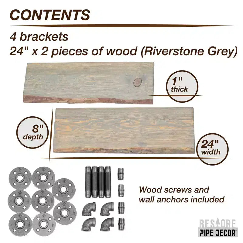 Pipe Decor 24 mensole in legno con bordo naturale grigio Riverstone e staffe a L in metallo (confezione da 2)
