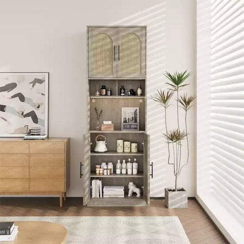 71 inch storage cabinet with LED strip light and microwave rack kitchen cabinet with adjustable shelves for dining room