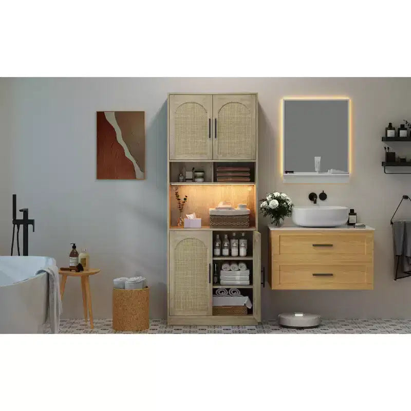 Armadietto multiuso da 180 cm con striscia luminosa a LED e ripiano per microonde, credenza da cucina con ripiani regolabili per sala da pranzo