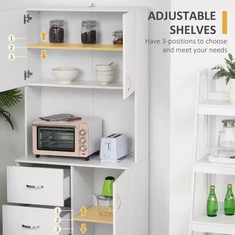 Credenza da cucina a sé stante con mobile superiore, organizer con 2 ante, 3 cassetti e piano di lavoro aperto, ripiano regolabile