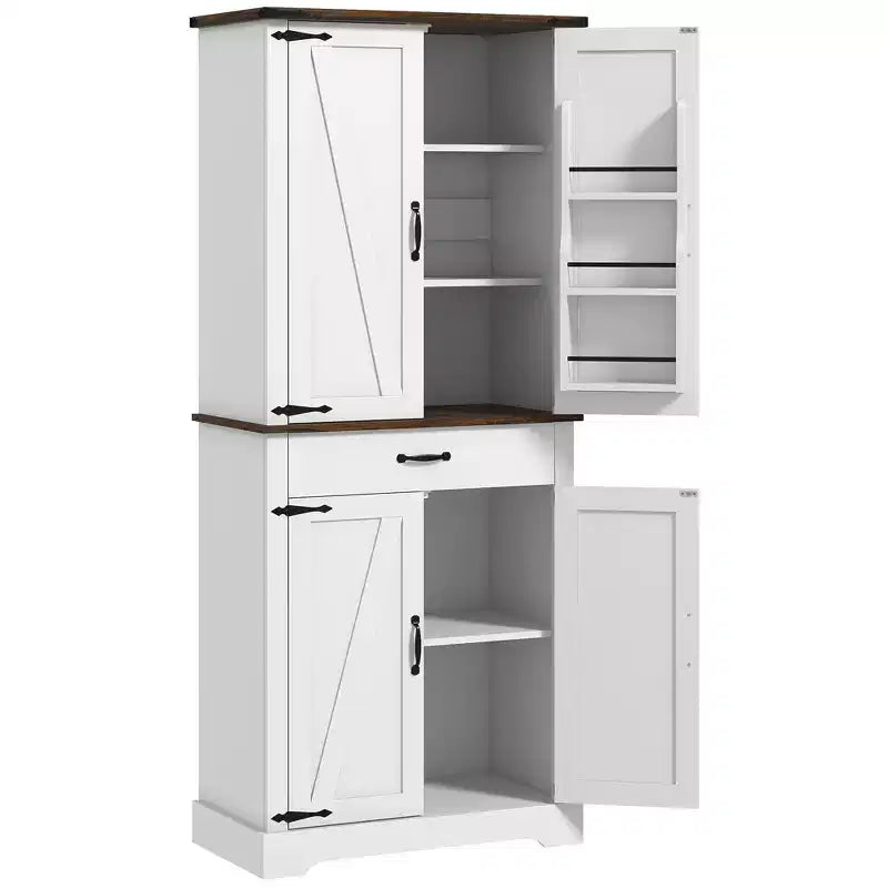 71 Tall Kitchen Cabinet, Farmhouse Pantry Cabinet w/ Barn Doors, 6 Shelves w/ 2 Doors, Drawer and Adjustable Shelves