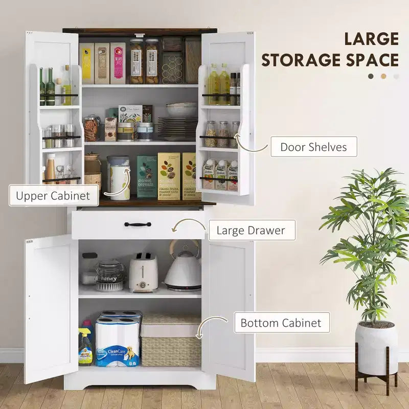 Dispensa alta da cucina da 180 cm, Armadio dispensa stile rustico con ante a grana di legno, 6 ripiani con 2 ante, Cassetto e Ripiani regolabili