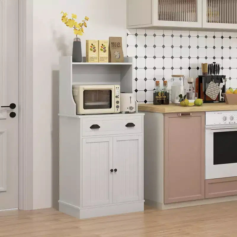 Mobiletto a Microonde da Cucina con Cassetto, Anta e Ripiano Regolabile, Credenza con Alzata per Sala da Pranzo