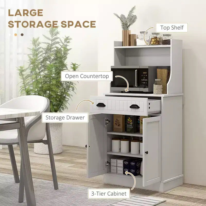 Mobiletto a Microonde da Cucina con Cassetto, Anta e Ripiano Regolabile, Credenza con Alzata per Sala da Pranzo